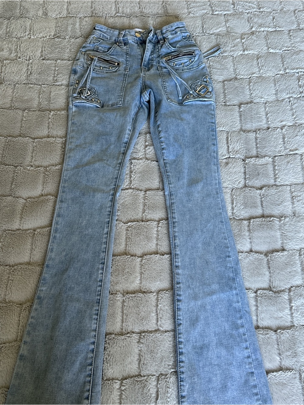 Fashion Nova Light Blue Bootcut Jeans with Studded Pocket Accents